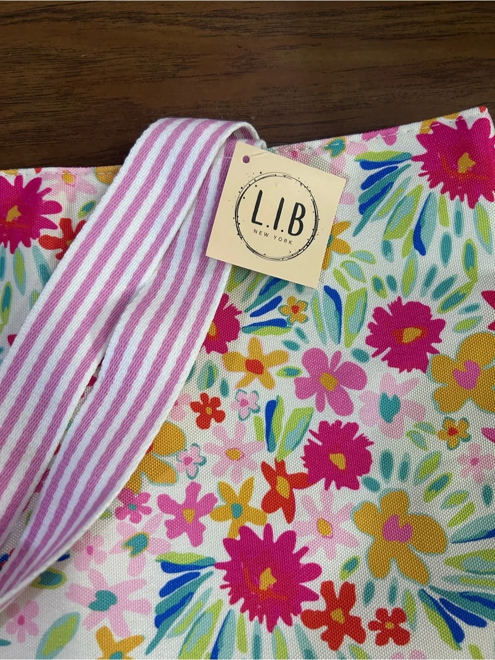 Pink Floral Canvas Tote Bag with Striped Handles